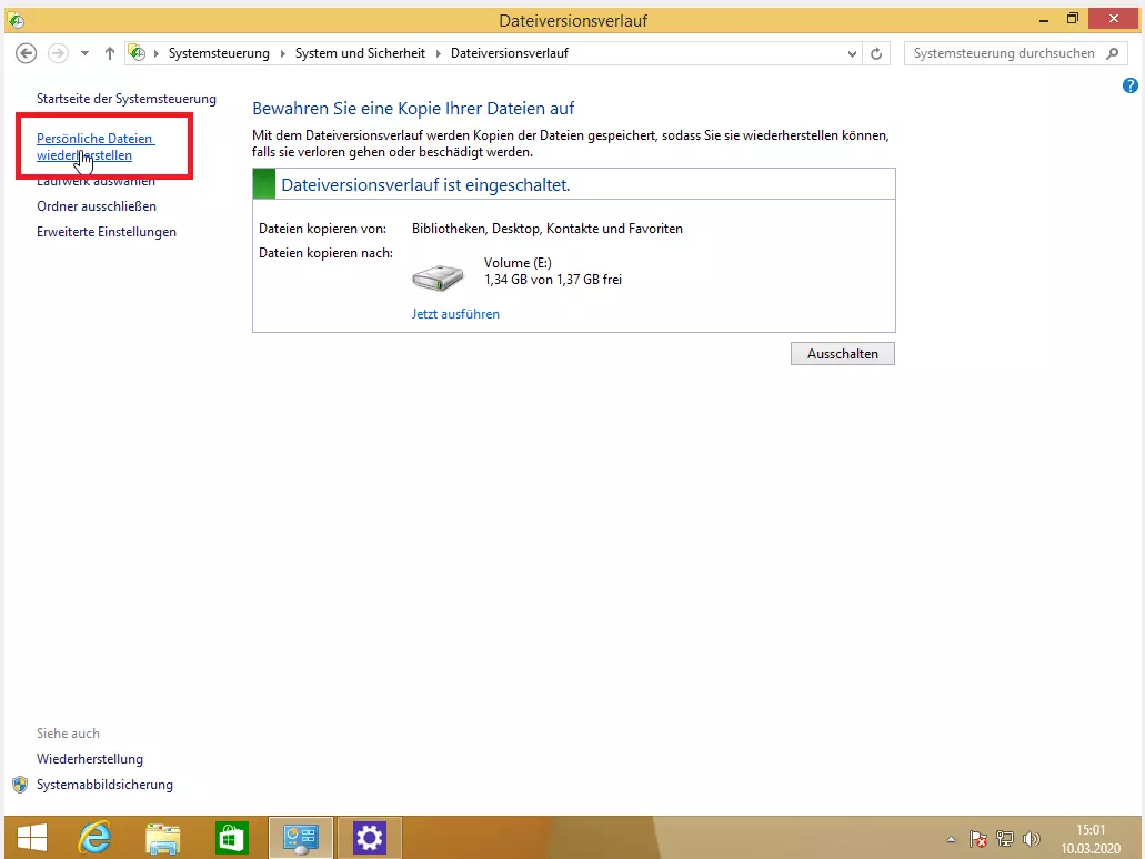 Menüpunkt „Persönliche Dateien wiederherstellen”