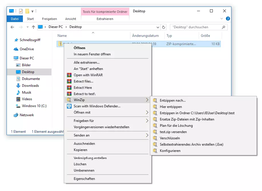 WinZIP-Integration im Kontextmenü des Windows-Dateimanagers