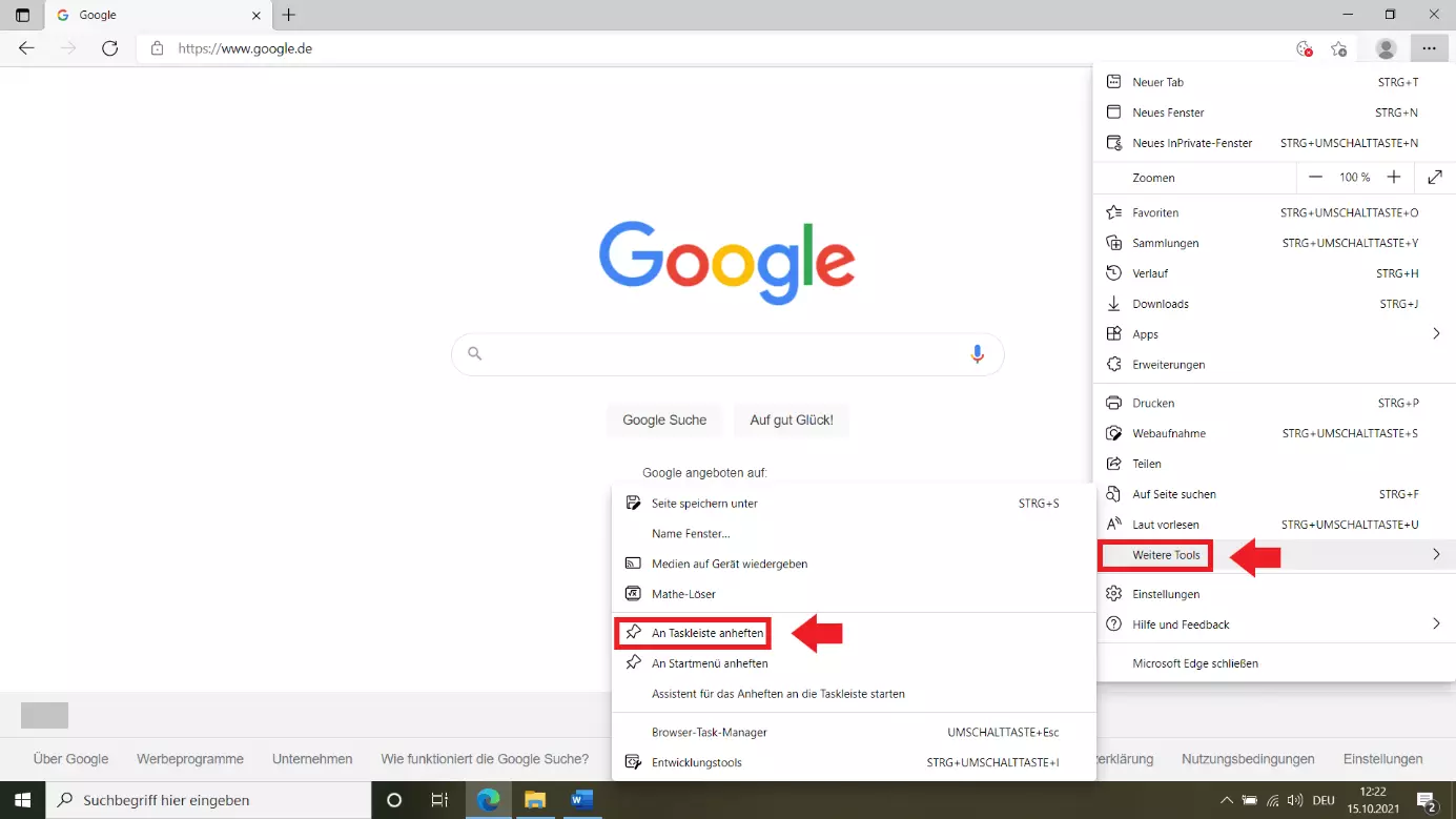 Edge-Browser-Menü: „Weitere Tools“, „An Taskleiste anheften“
