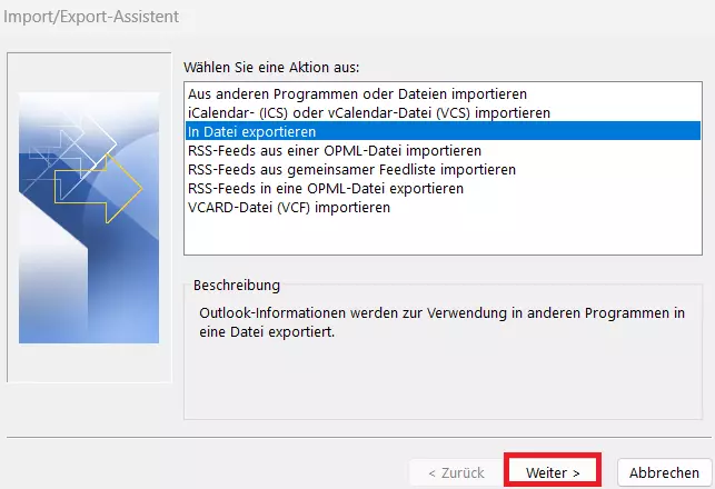 Outlook: Import/Export-Assistent, Auswahl „In Datei exportieren