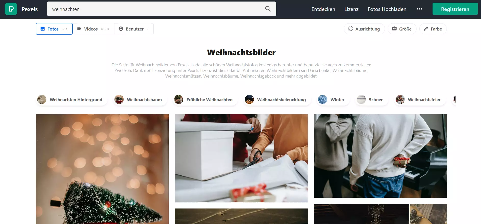 Screenshot der Stockfoto-Website Pexels nach der Suche „Weihnachten“