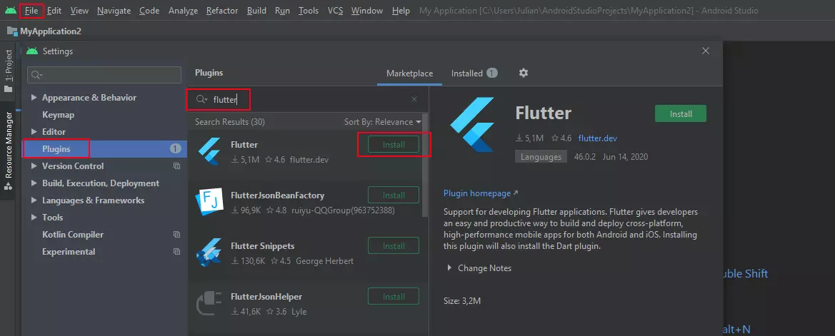 Installation des Flutter-Plugins in Android Studio