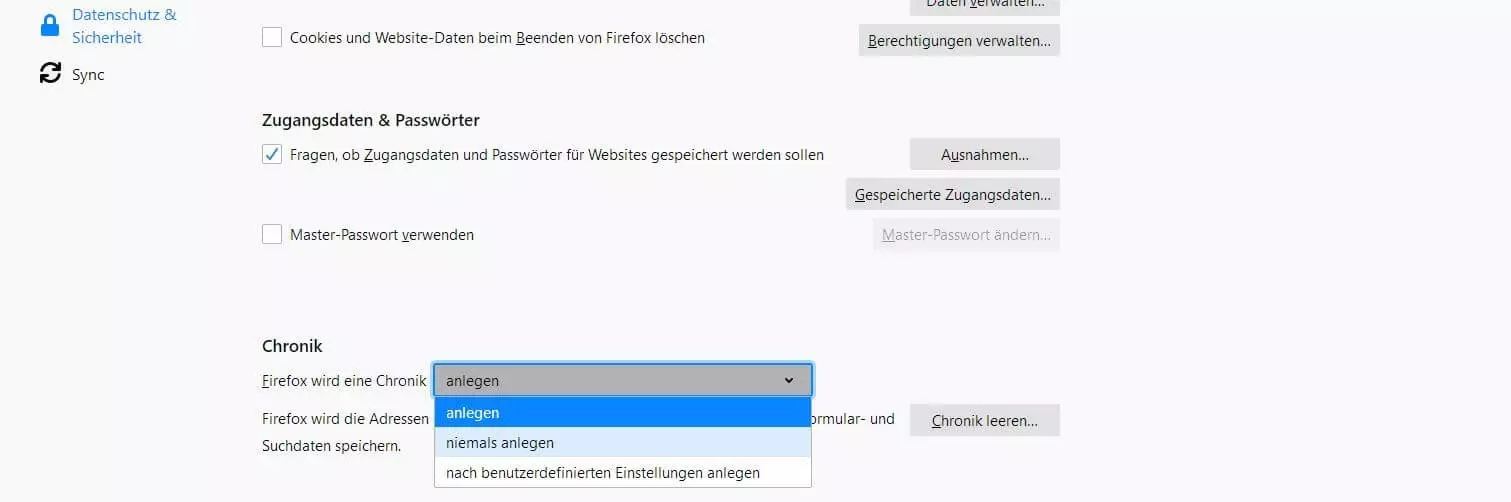 Ausschnitt aus dem Firefox-Menü „Datenschutz & Sicherheit“