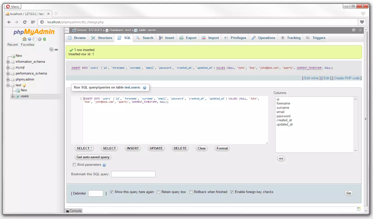 Befehl INSERT als Code gemäß der SQL-Syntax