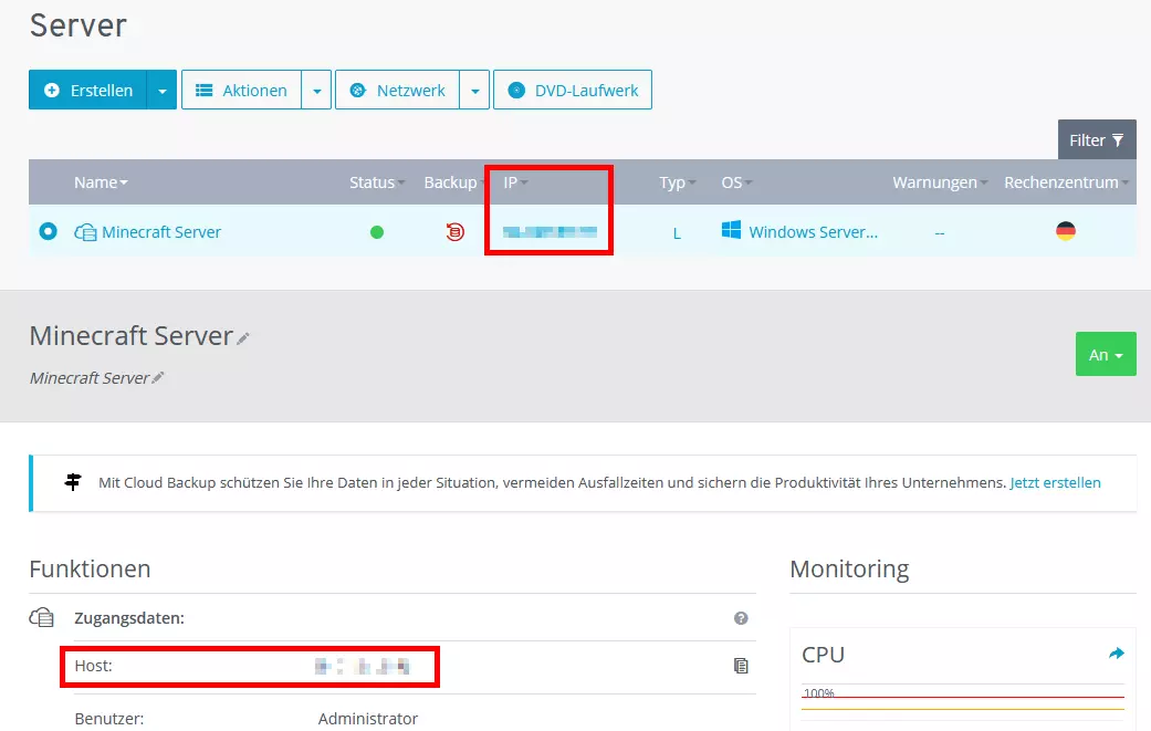 IP-Adresse eines Minecraft-Servers bei IONOS
