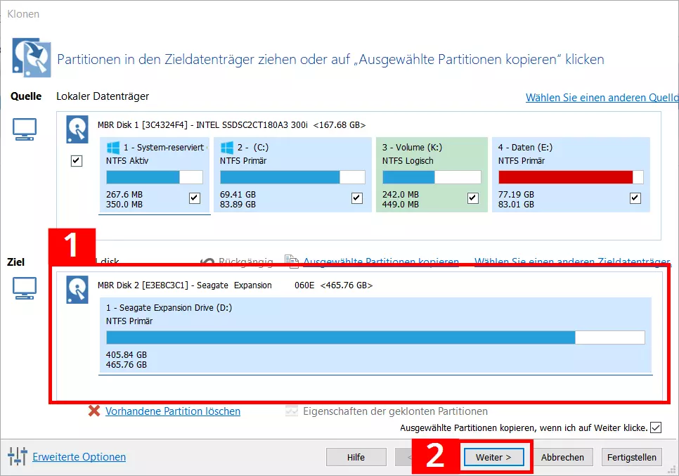 Macrium Reflect: Auflistung von Quell- und Zielfestplatte