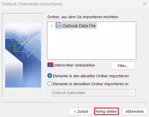 Outlook: Import/Export-Assistent, Auswahl der zu importierenden Ordner