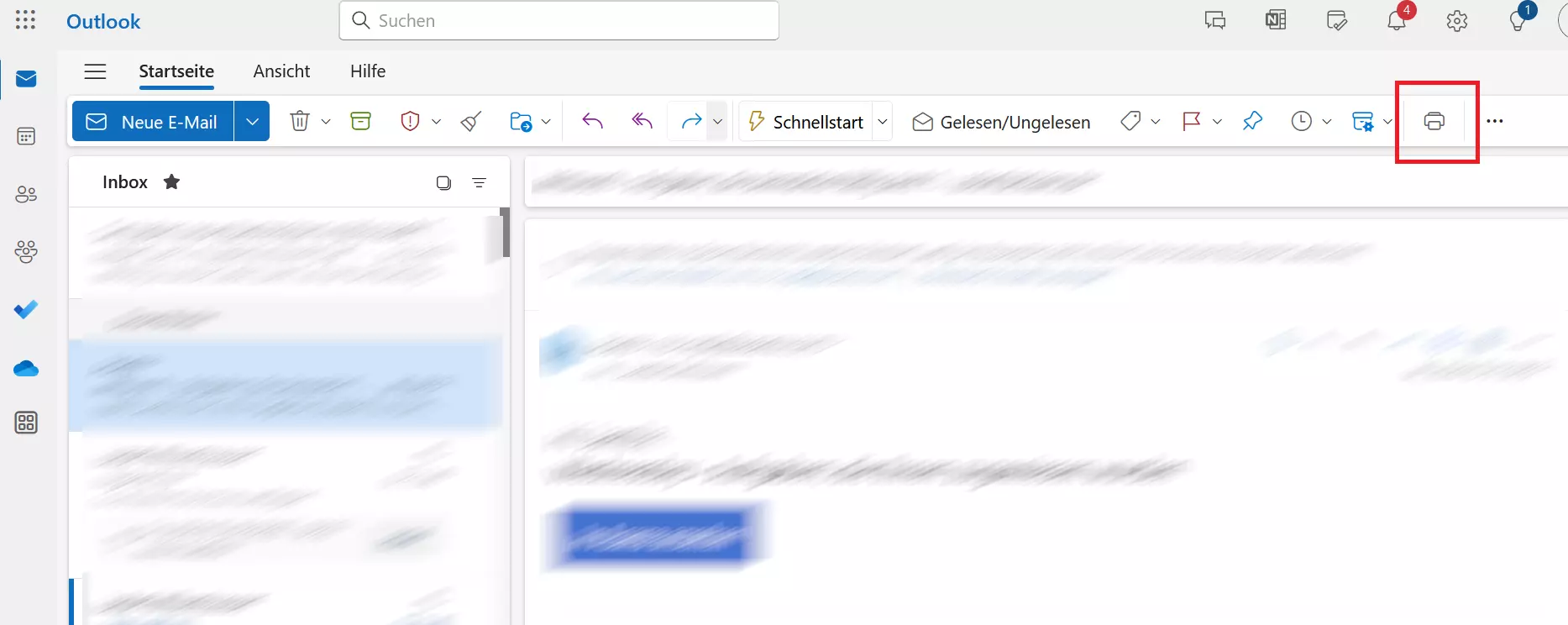 Webversion von Outlook, geöffnete E-Mail, geöffnetes Menü mit „Drucken“