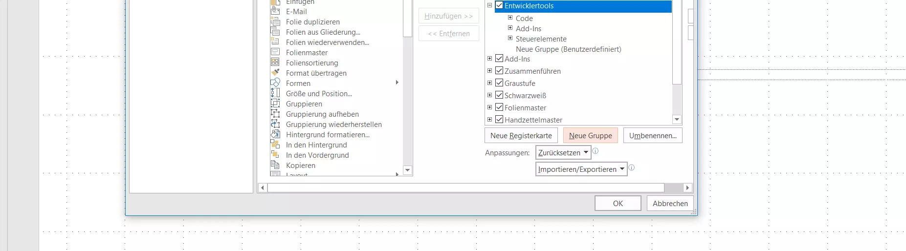 PowerPoint-2016-Optionen: Hinzufügen einer neuen Gruppe