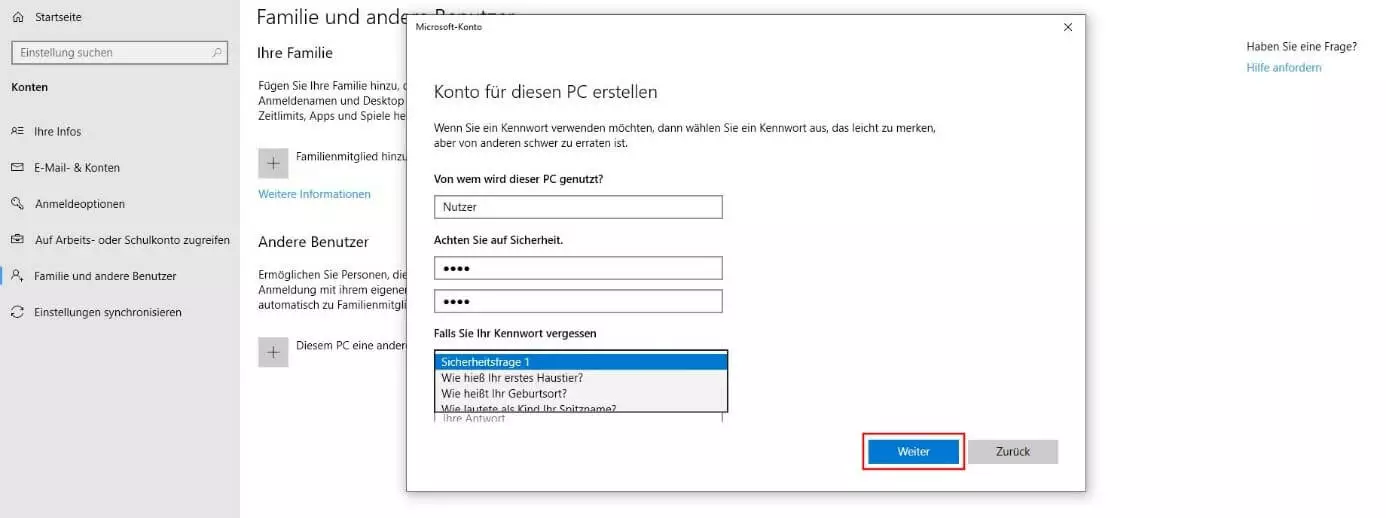 Windows 10 Menü "Konto für diesen PC erstellen"