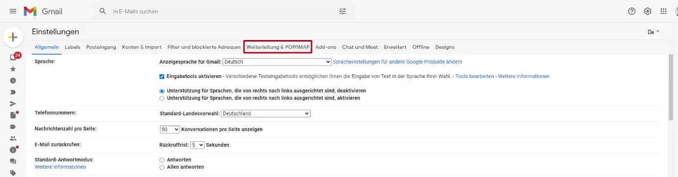 Gmail-Client: Reiter „Weiterleitung & POP/IMAP“ unter „Einstellungen“ 