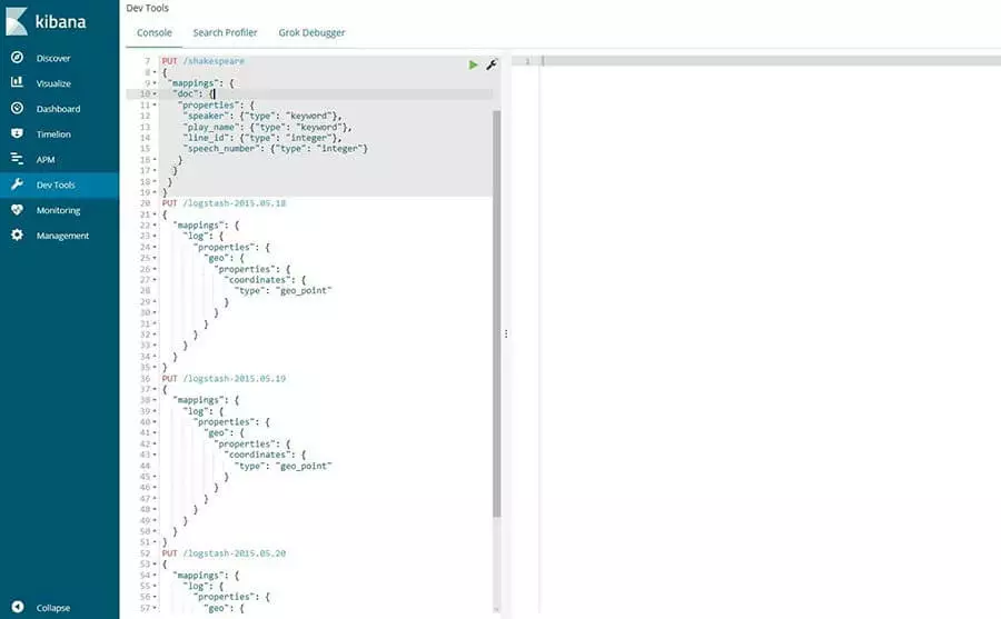 Kibana-Konsole: Eingabe der Datenbank-Mappings