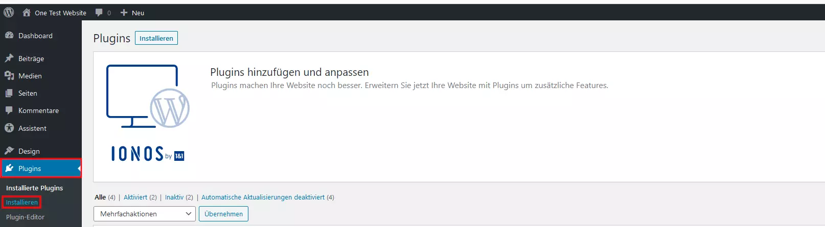 Plugins-Bereich im WordPress-Backend