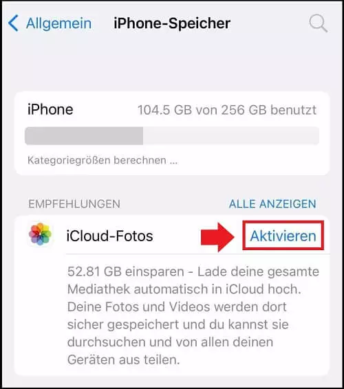 Screenshot der iPhone-Funktion „iCloud-Fotos“ im Bereich „iPhone-Speicher“