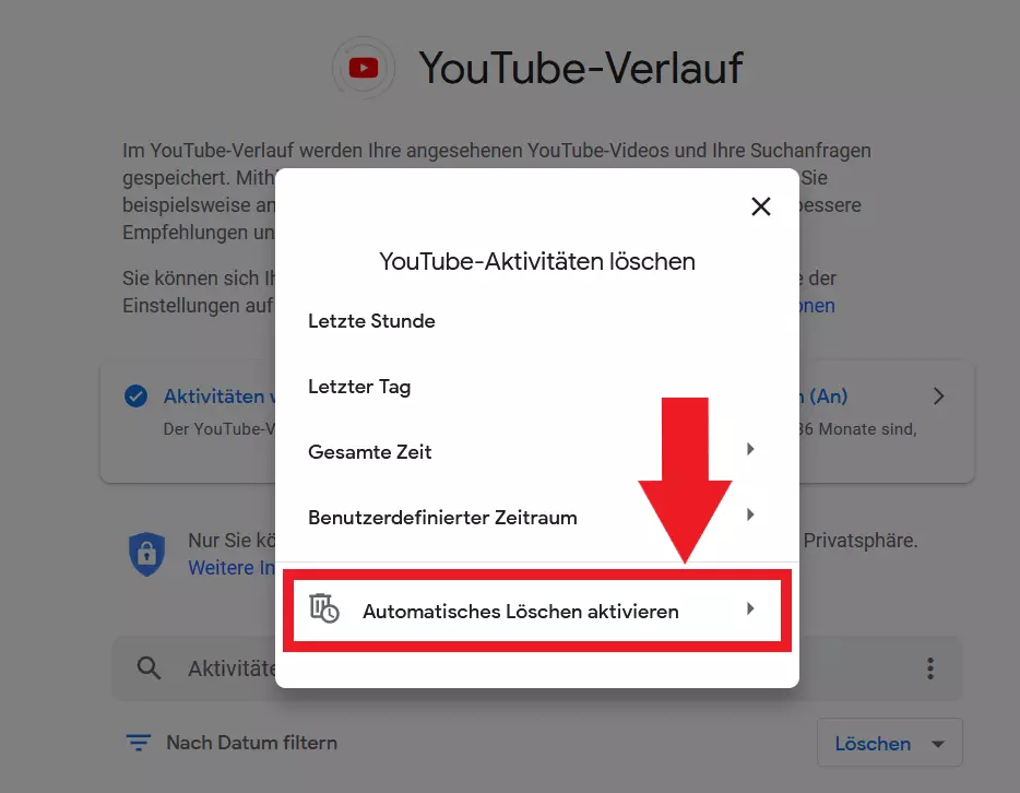 YouTube-Schaltfläche „Automatisches Löschen aktivieren“