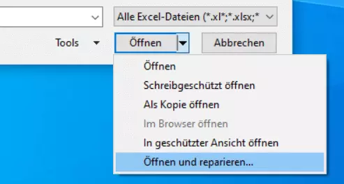 Excel-Auswahl „Öffnen und reparieren“ 