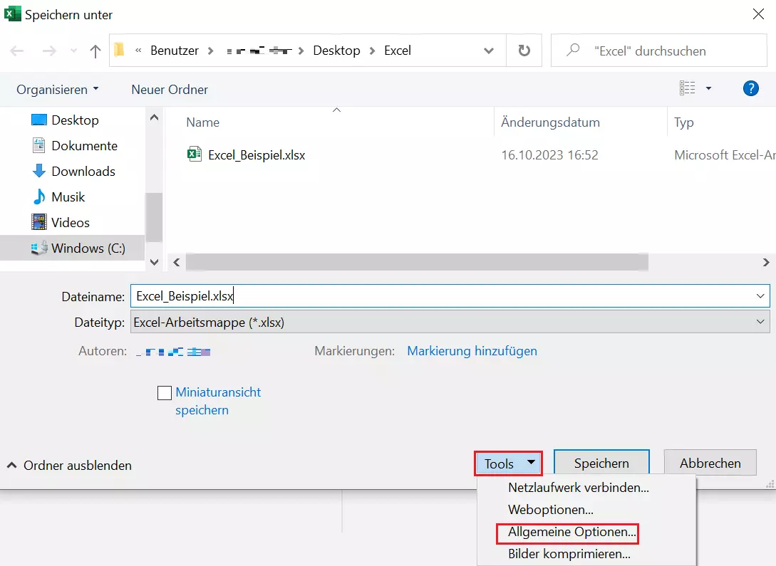 Excel für Windows: „Tools“-Schaltfläche im Speicherdialog