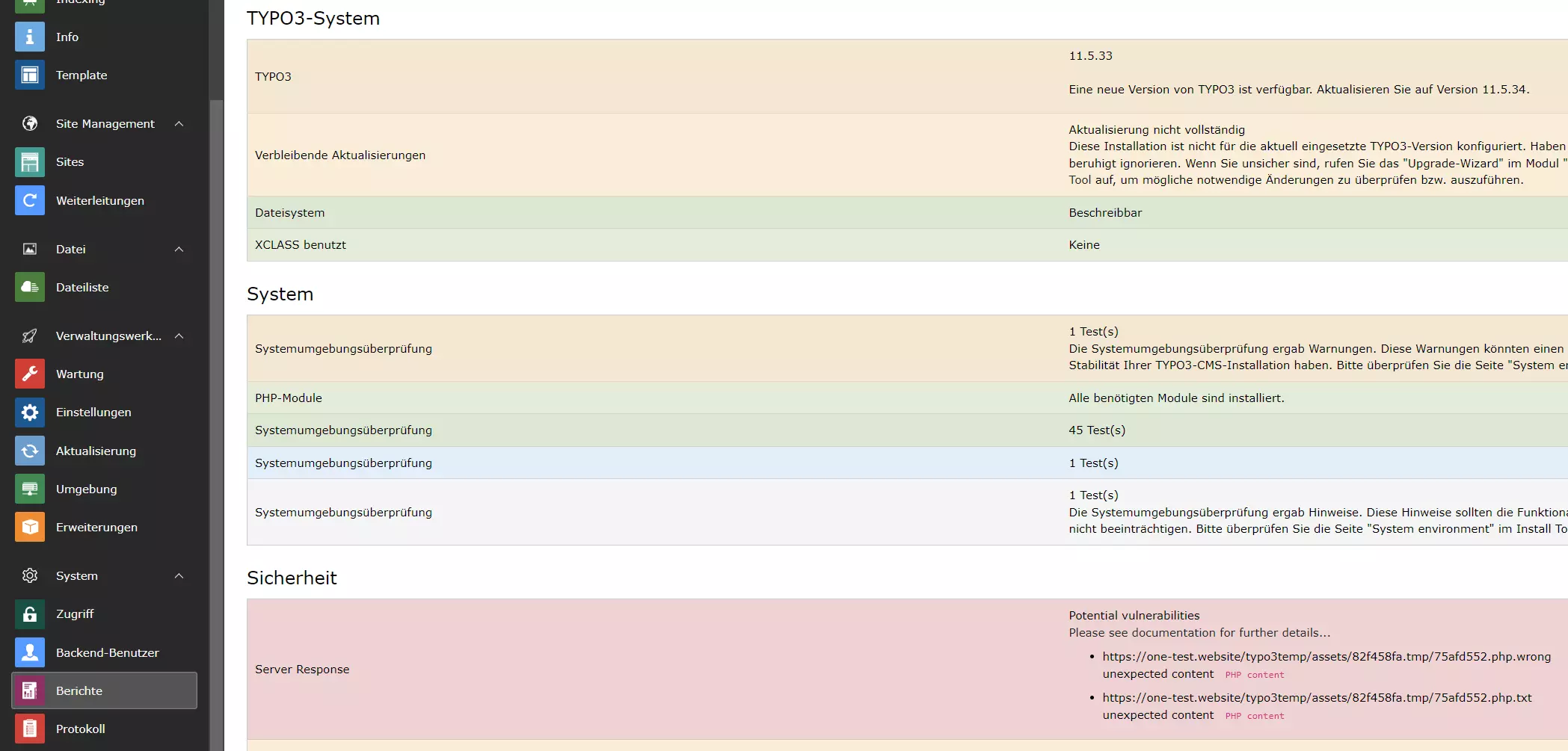 Berichte im TYPO3-Backend