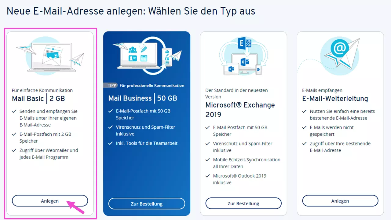 Ansicht „Auswahl des Typs der E-Mail-Adresse“