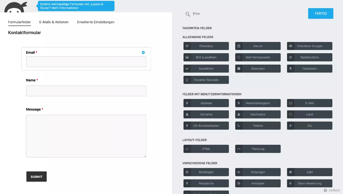 Ninja Forms bietet einen leicht zu bedienenden Drag-and-drop-Editor