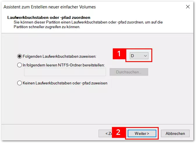 Volume-Assistent mit Option „Zuordnung von Laufwerksbuchtstaben“