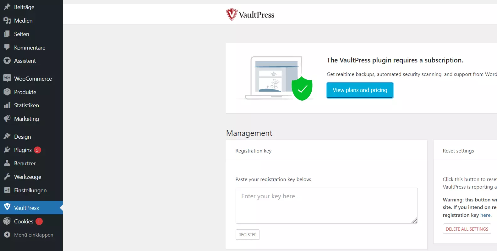 VaultPress im WordPress-Backend