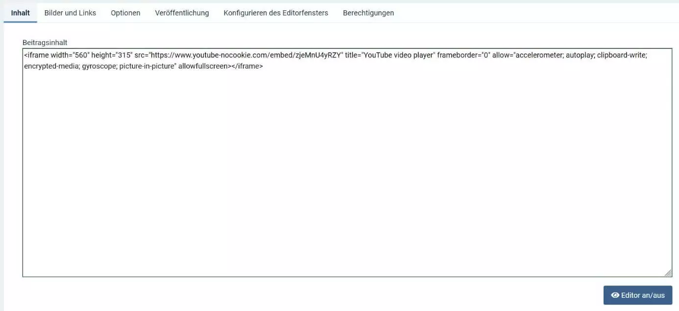 Einbettungscode im Joomla-Editorfenster