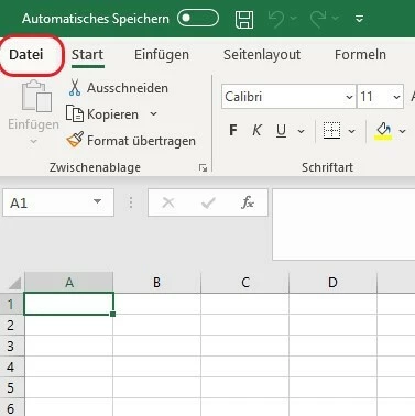 Screenshot MS Excel „Datei“