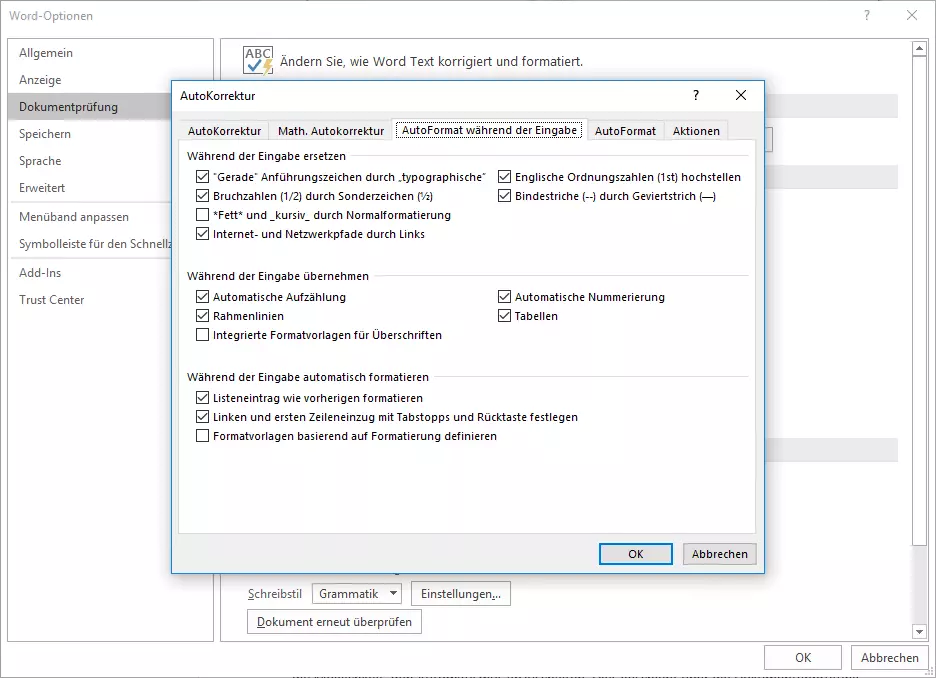 AutoKorrektur-Optionen in Word