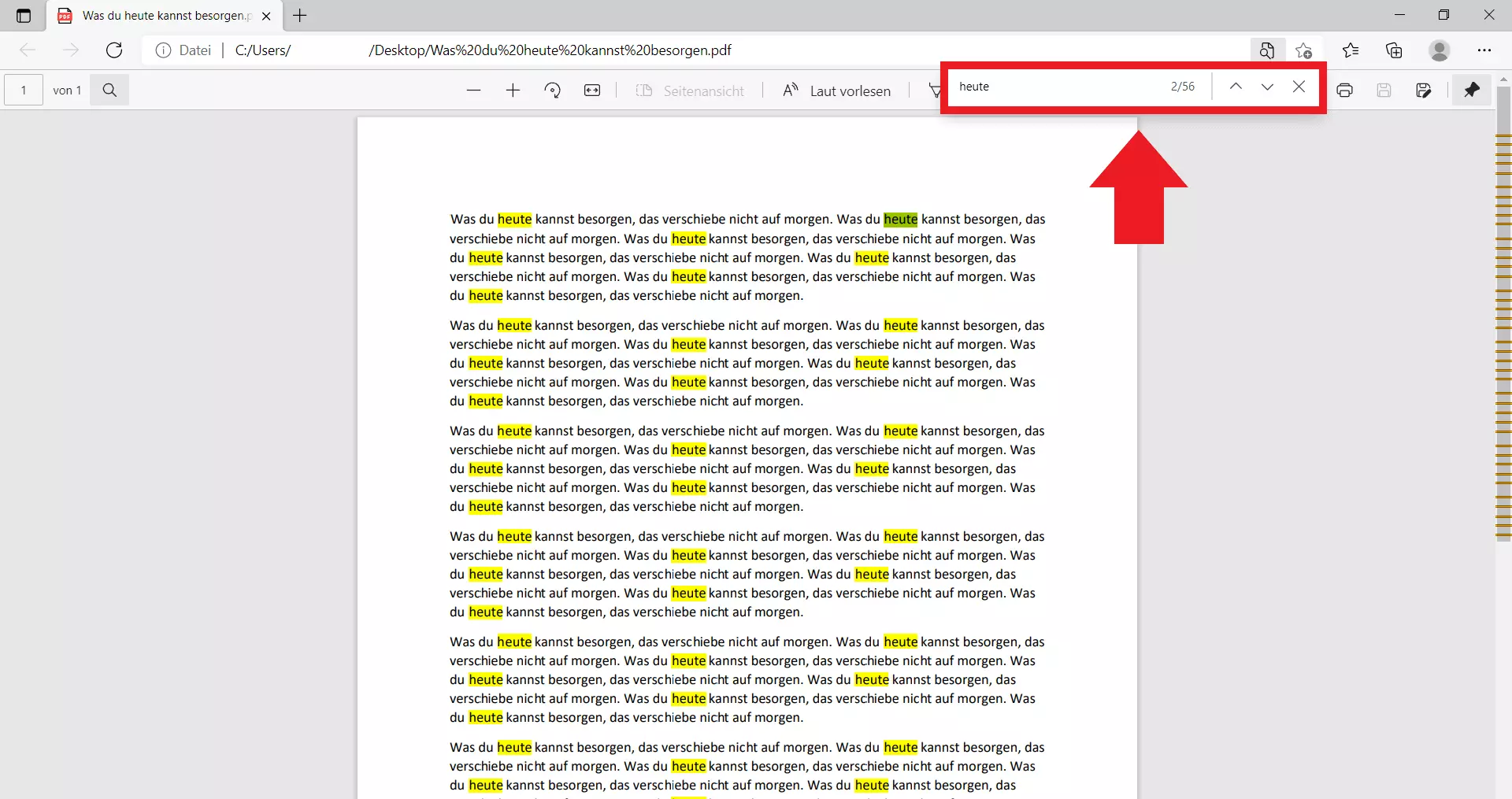 Browseransicht eines PDF-Dokuments mit Suchfeld