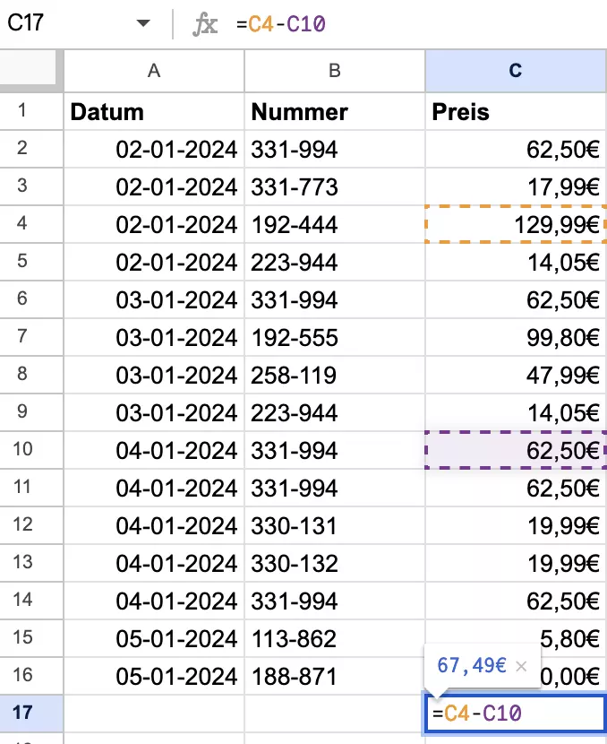 Screenshot der Formel für Subtraktion in Google Sheets