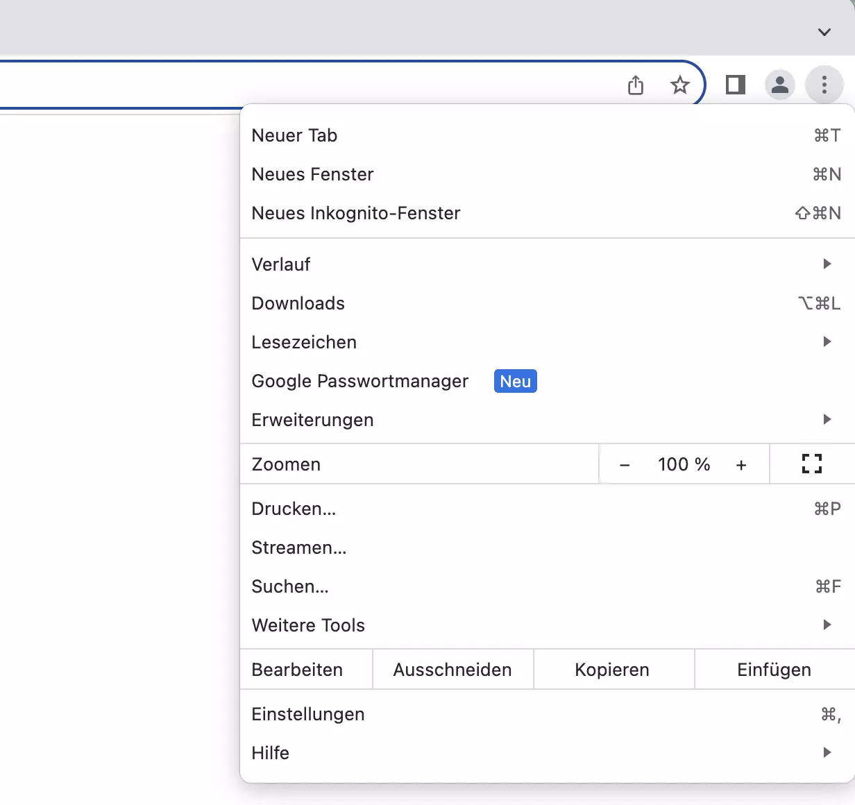 Screenshot des Drop-down-Menüs in Chrome