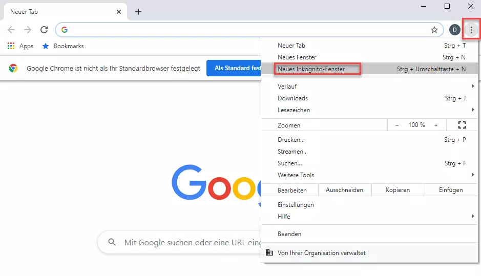 Neues Inkognito-Fenster in Google Chrome aktivieren