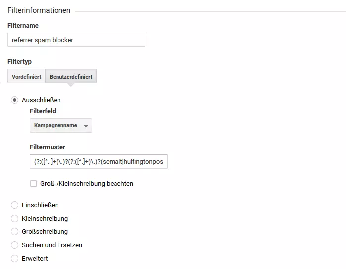 Google-Analytics-Demokonto: Filterfunktion