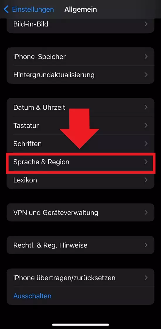 Der Punkt „Sprache & Region“ in den allgemeinen iOS-Einstellungen.