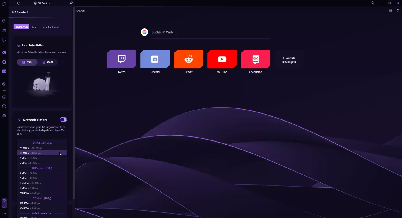 Das GX-Control-Fenster im Gaming Browser Opera GX