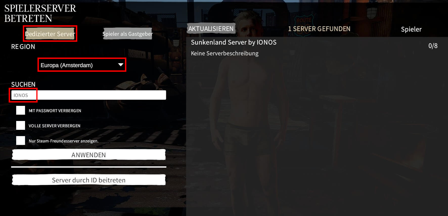 Sunkenland-Server im Menü „SPIELERSERVER BEITRETEN“