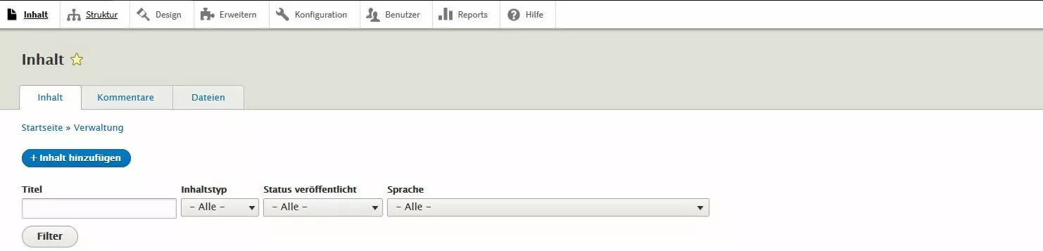 Drupal-Menü „Inhalt“, das erlaubt, eine neue Seite zu erstellen