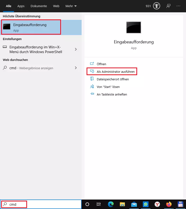 Eingabeaufforderung über das Suchfeld von Windows 10 starten