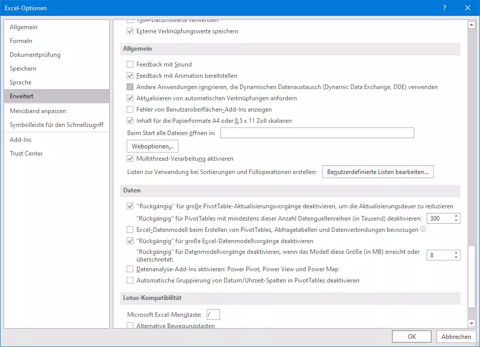 Erweiterte Einstellungen in Excel 