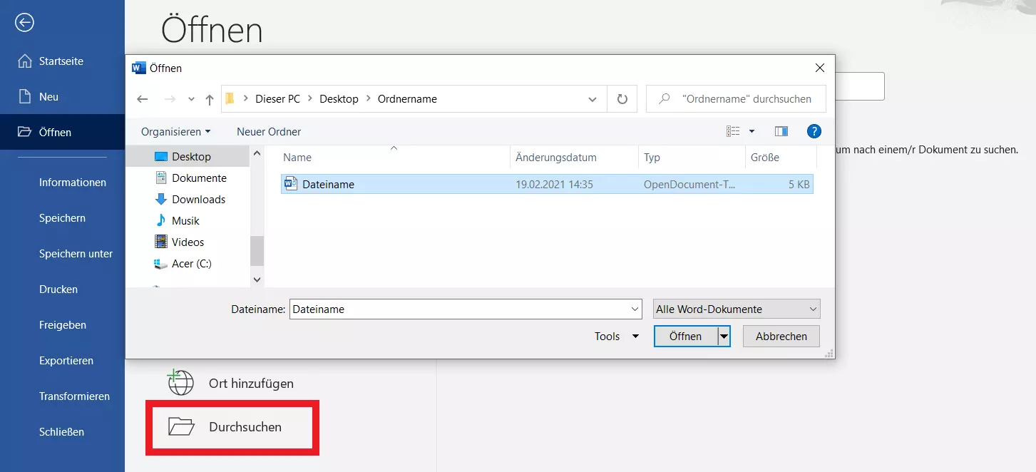 Öffnen einer ODT-Datei in Word
