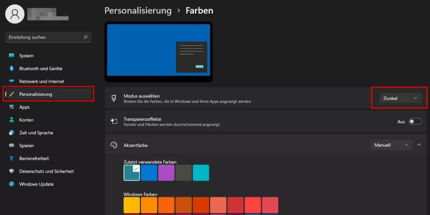 Screenshot der Dunkelmodus-Option bei Windows 11