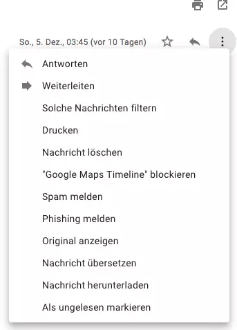 Screenshot des Menüs bei Gmail