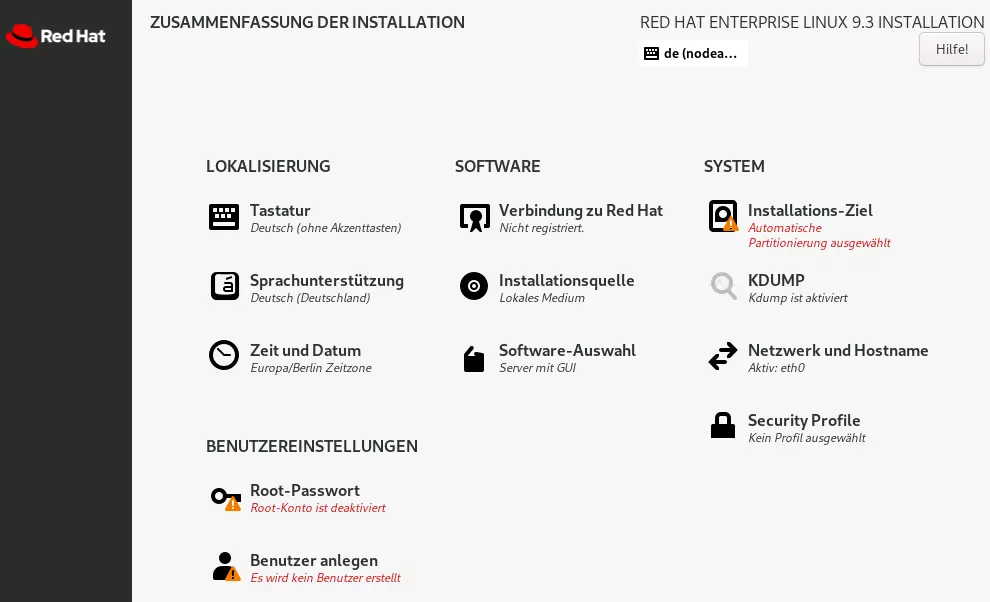 Screenshot des Installationsmenüs von RHEL 9