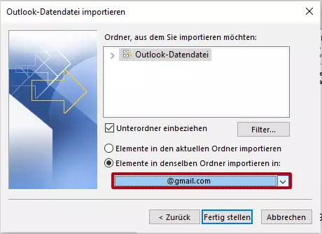 Outlook Import/Export-Assistent: Auswahl des Gmail-Kontos 