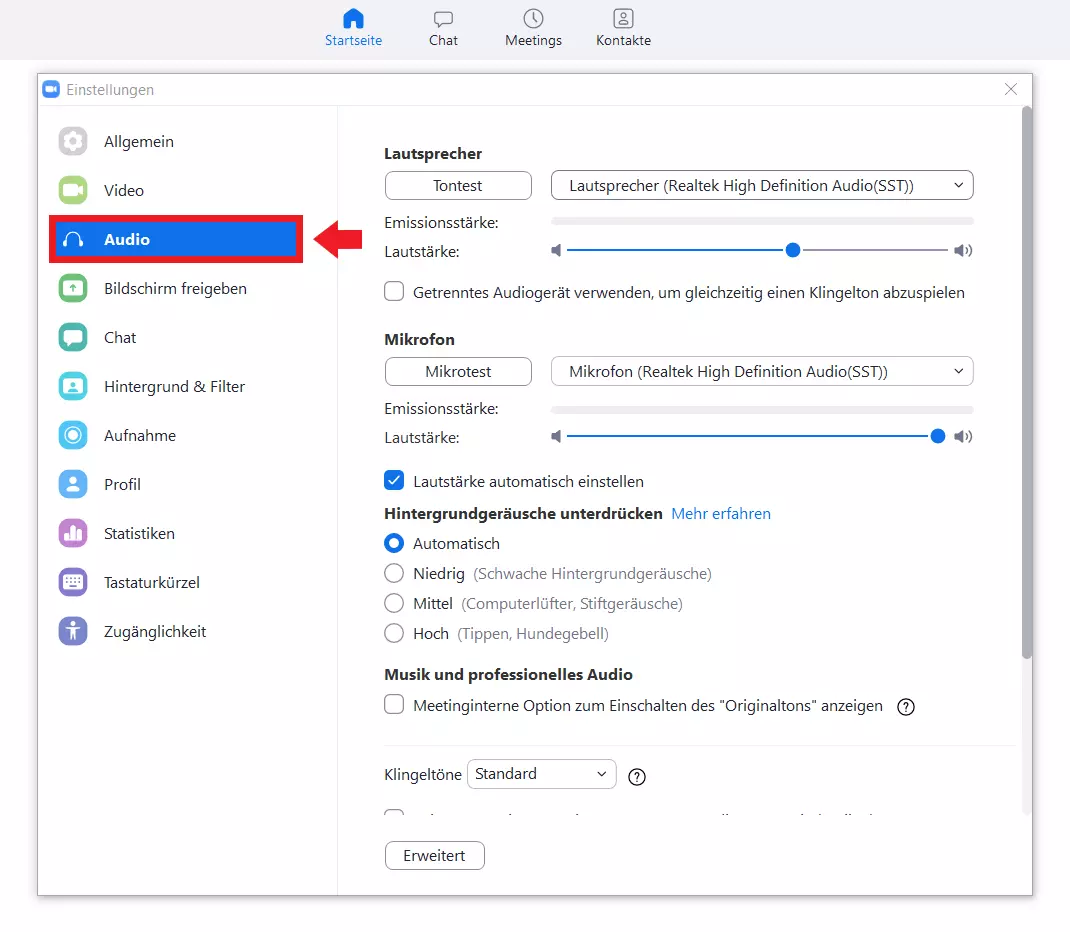 Audio-Einstellungen im Zoom-Menü