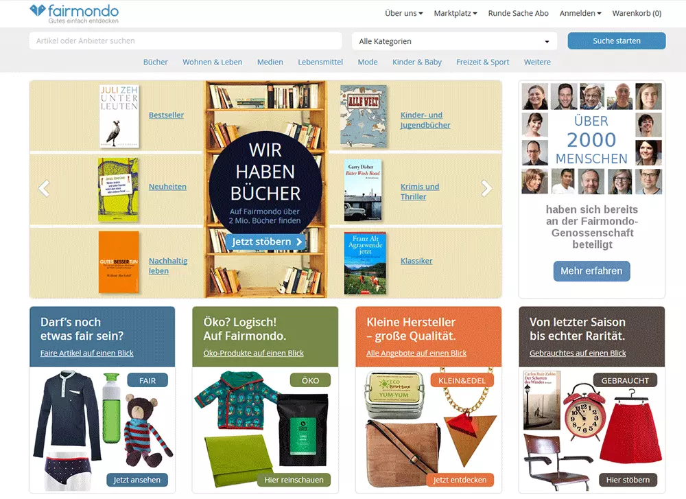 Screenshot der Startseite von Fairmondo.de