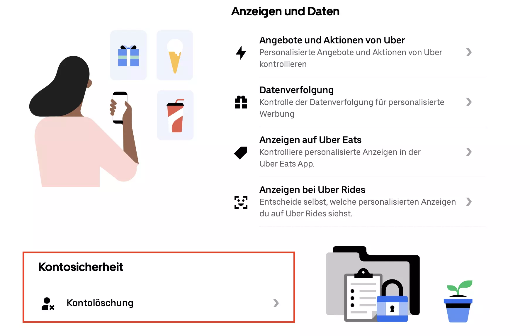 Screenshot des Uber-Datenschutzcenters