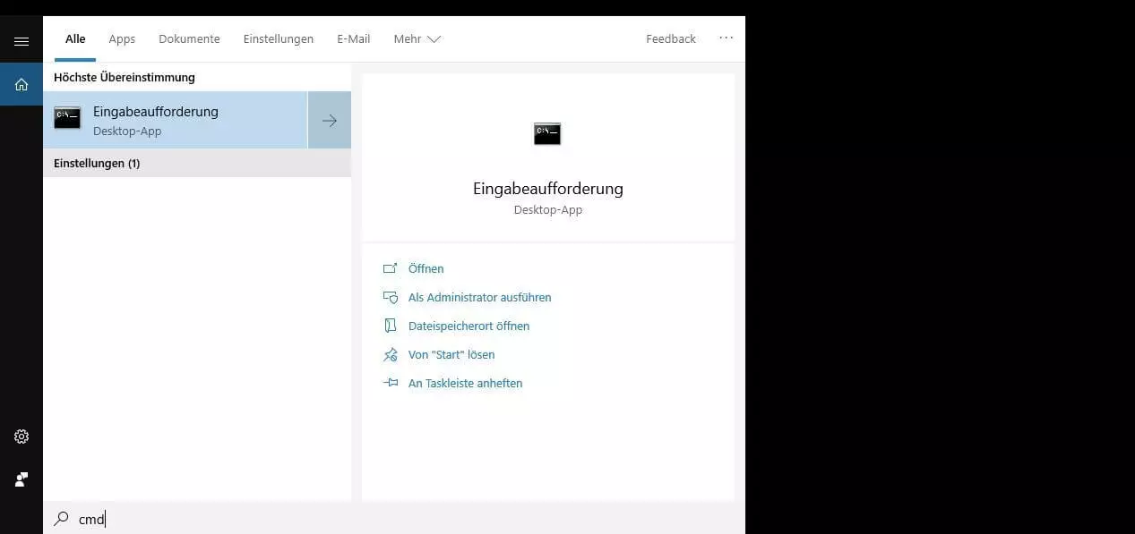 Suche nach „cmd“ in Windows 10