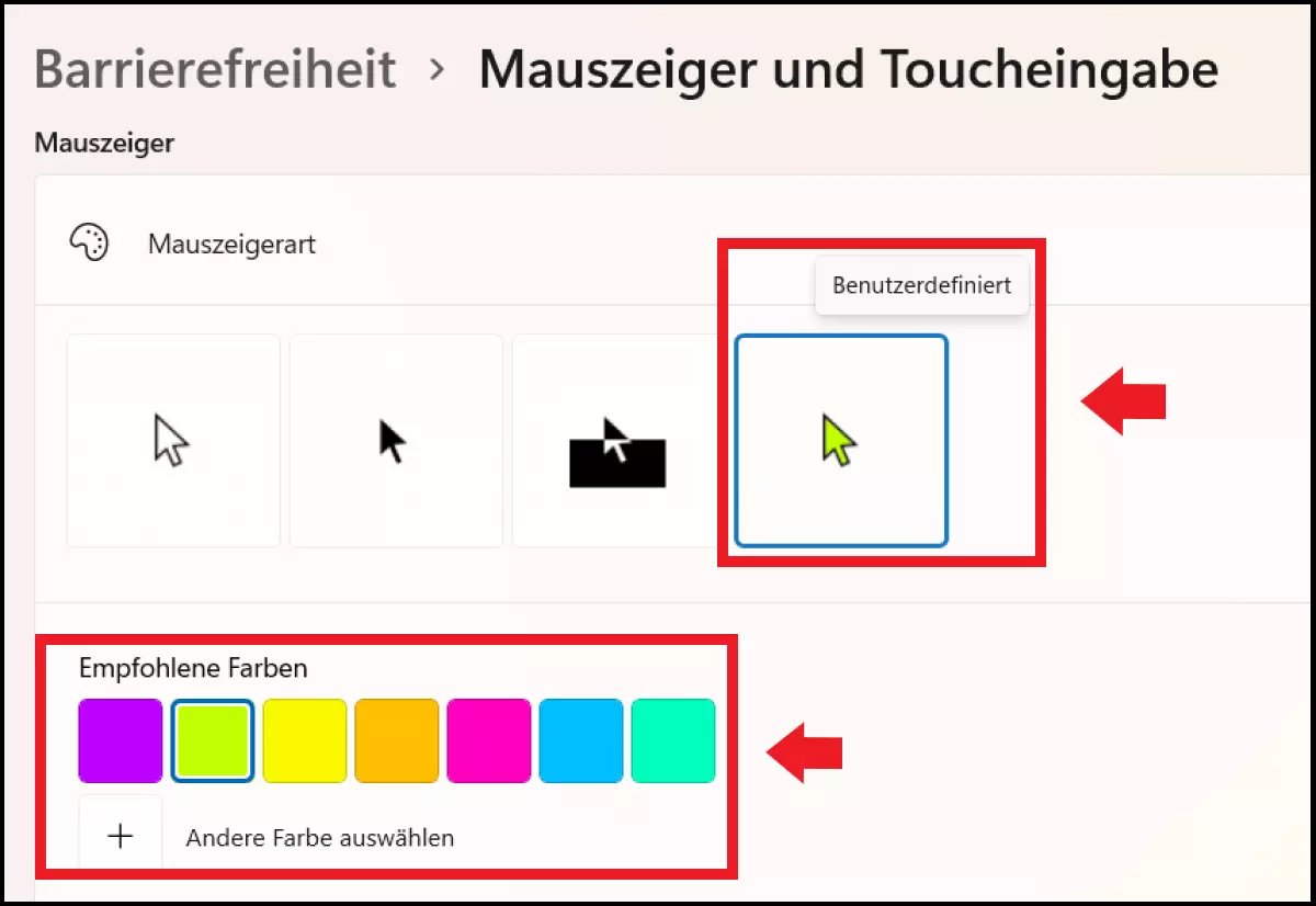 Farboptionen für den Cursor im Menü „Mauszeiger“